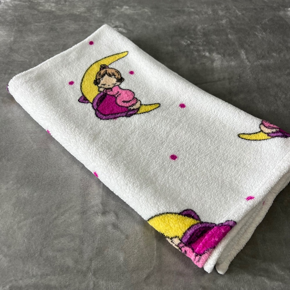 Precious‎ Moments Fleece Baby Blanket White Pink Crecent Moon Girl Plush 28x35.5